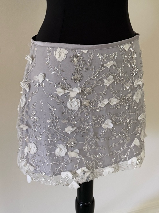 Zara Dresses & Skirts - ZARA Silver Iridescent Sequined Embellished Floral Appliqué Shimmer Mini Skirt S